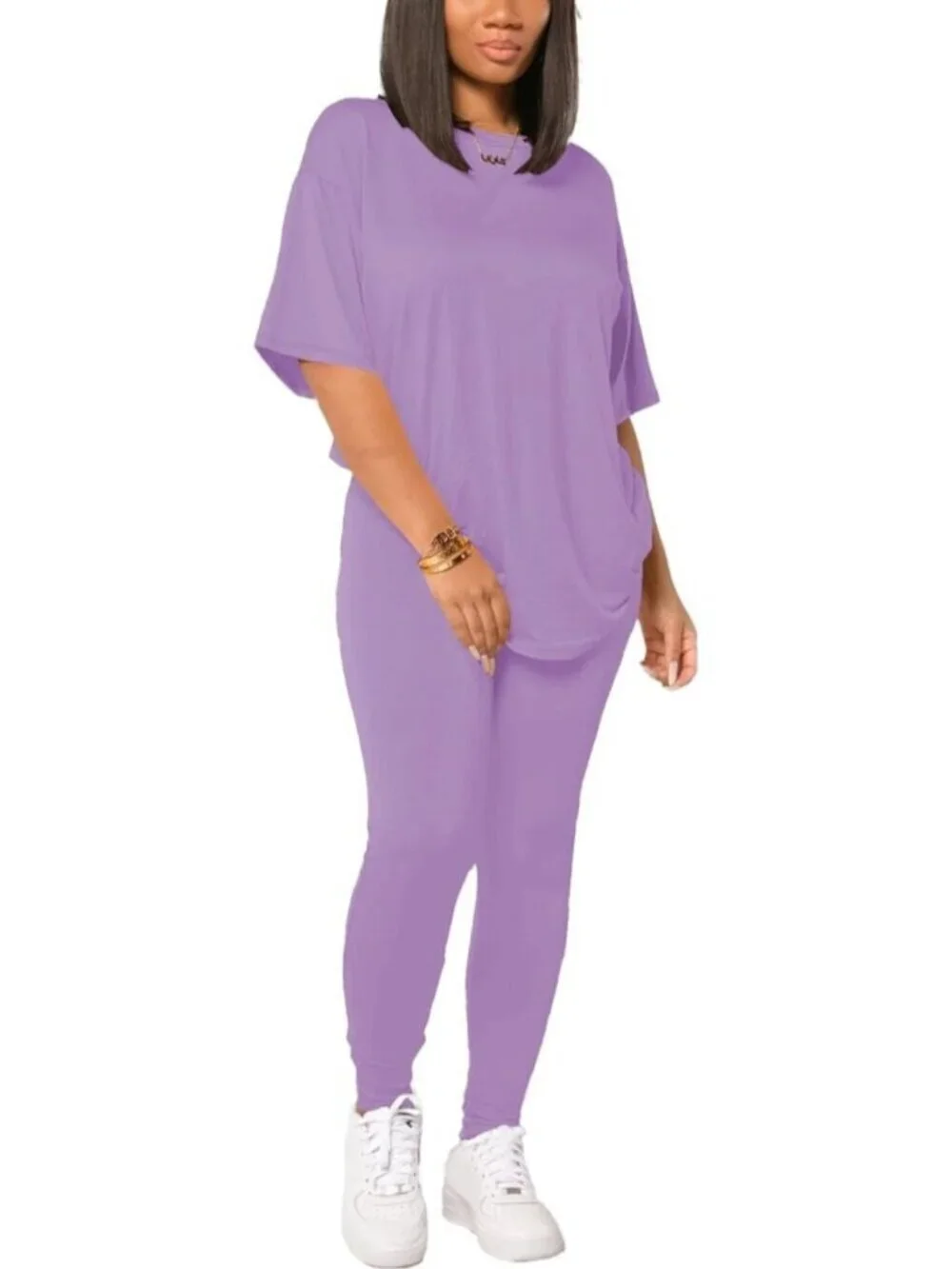 Women's Light Purple 2 Piece Outfits Summer Sweatsuits Drop Shoulder Tracksuits